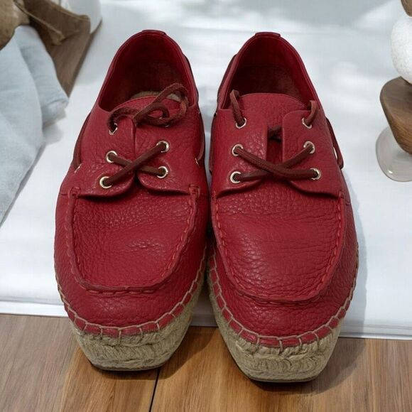 Tory Burch NEW Skipper Boat Grained Nantucket Red Leather Non-Slip Shoe $296  Si - Picture 1 of 6